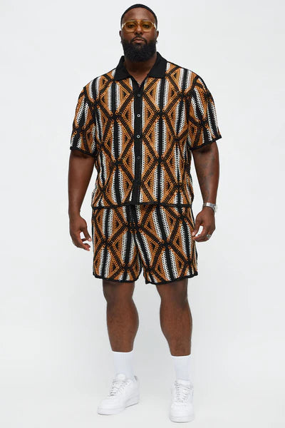 Cropped Relaxed Triangles Knit Closed Collar Shirt - Black/combo