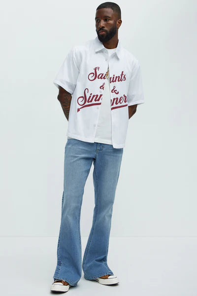 Upstanding Slit Stacked Slim Flare Jeans - Light Blue Wash