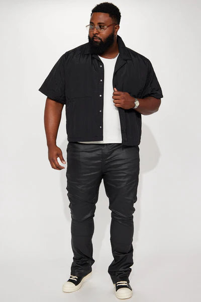 Beg For Me Coated Stacked Skinny Flare Pants - Black