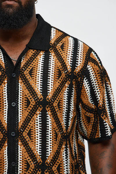 Cropped Relaxed Triangles Knit Closed Collar Shirt - Black/combo