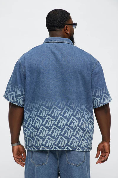 Boxy Cropped Chateau Monogram Denim Shirt - Light Blue Wash