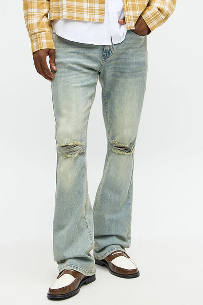 Upstanding Slit Stacked Slim Flare Jeans - Light Blue Wash