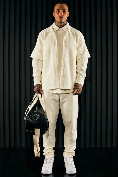 Dean Textured Short Sleeve Button Up Shirt - Cream