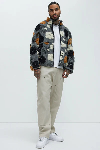 Sherpa Tears Oversized Zip Jacket - Grey/combo