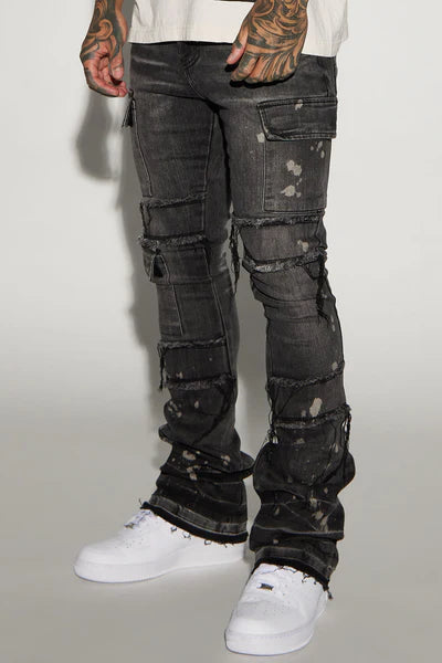 Side Snap Cargo Stacked Skinny Flare Jeans - Black Wash