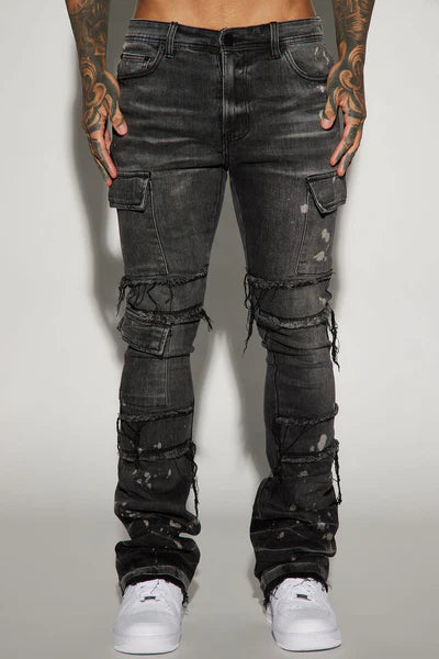 Side Snap Cargo Stacked Skinny Flare Jeans - Black Wash