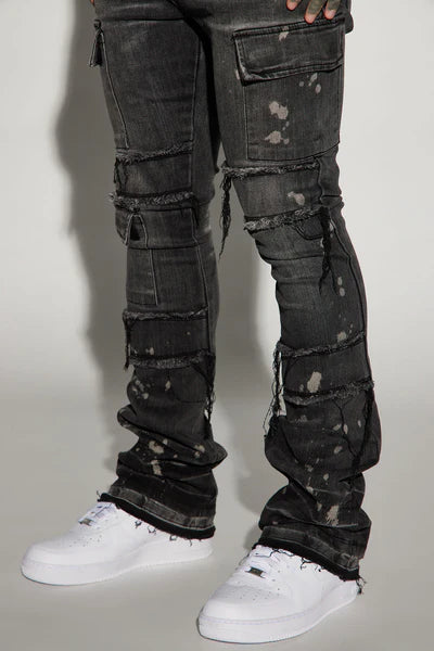 Side Snap Cargo Stacked Skinny Flare Jeans - Black Wash