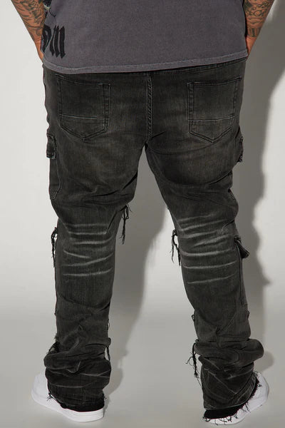 Side Snap Cargo Stacked Skinny Flare Jeans - Black Wash